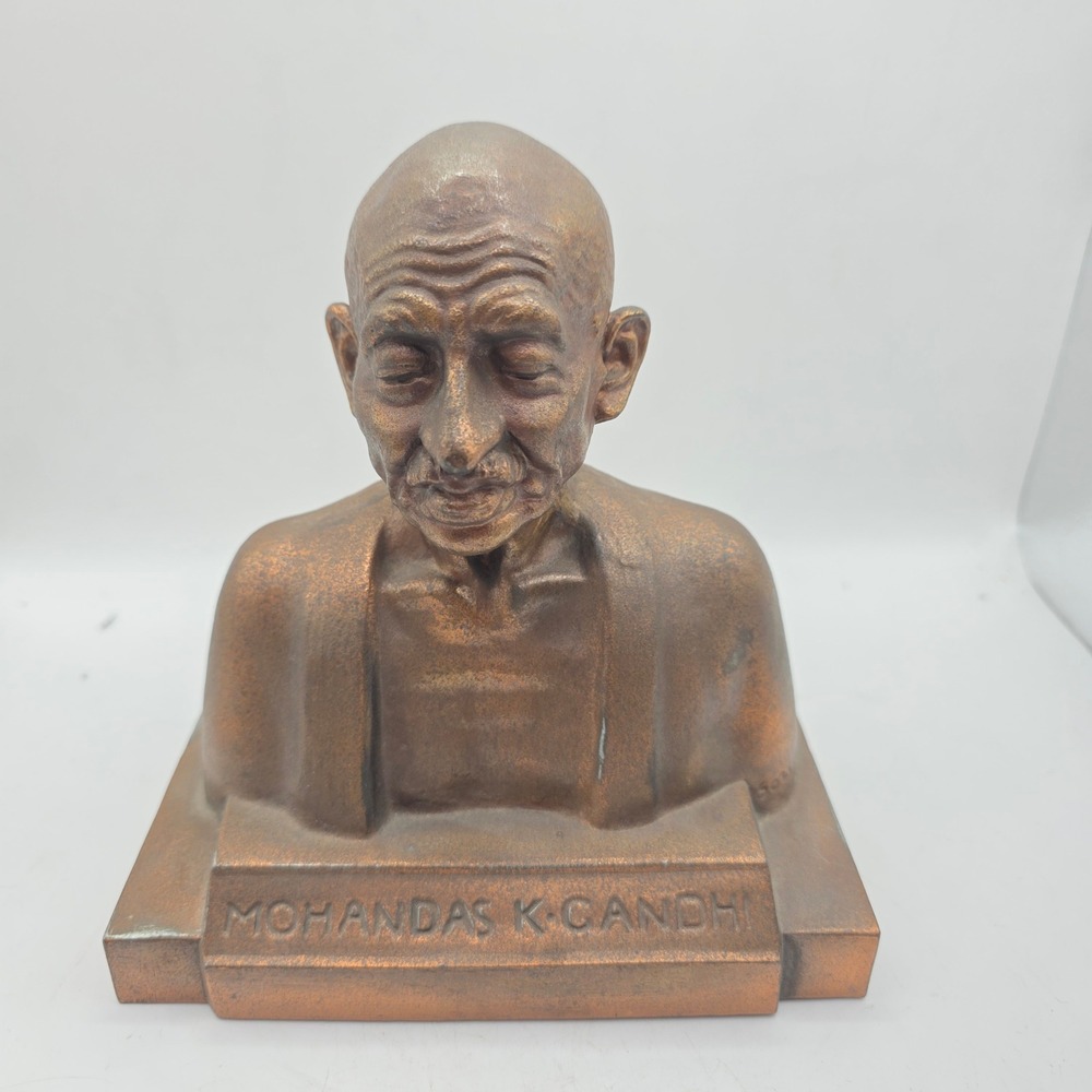 Mohandas K Gandhi Bust Statue Bronze Tone Sculpture Mahatma India Figure